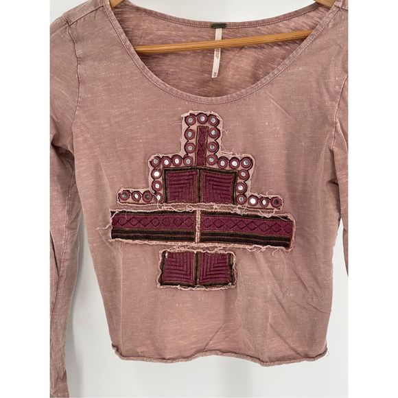 Free People Top Crop Women XS Pink Mauve Embroidered V Neck Bohemian Flutter - Picture 11 of 13
